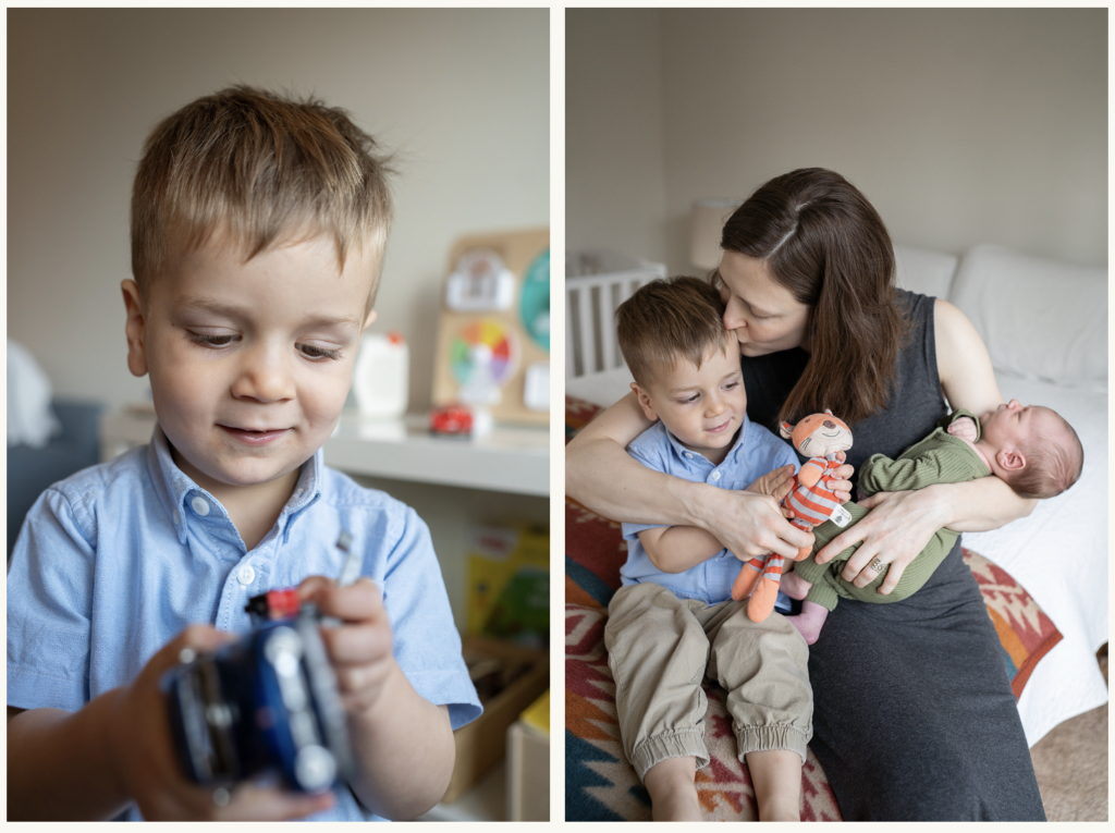 two photos of a mother and her two children in the comfort of their own home.